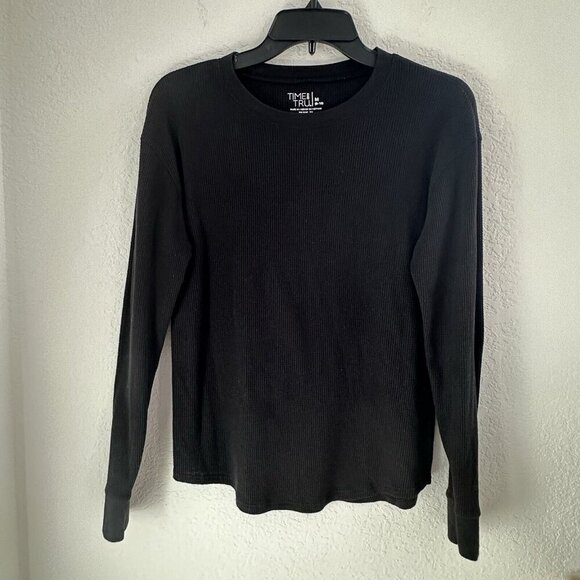 Time & Tru Women's Long Sleeve Waffle Knit Thermal Top Shirt Medium Basic Black‎ - Picture 1 of 5